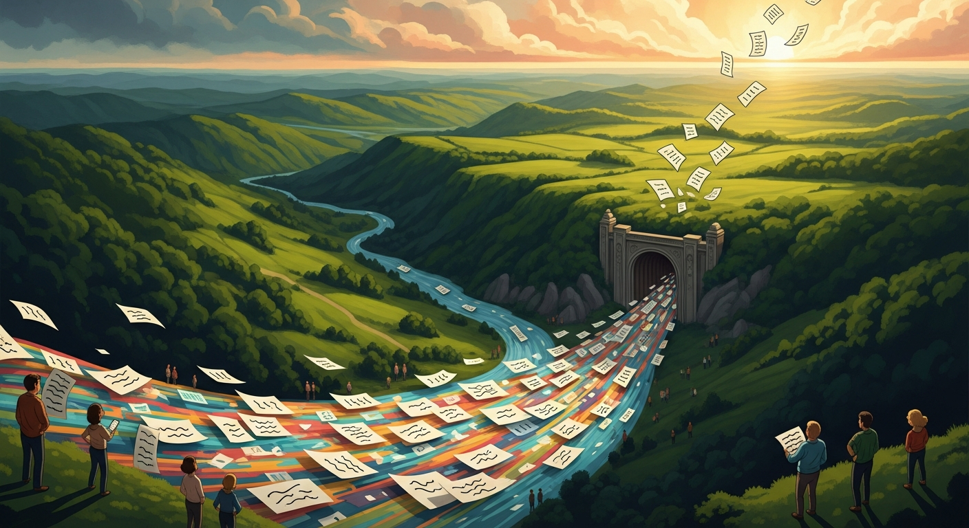 Illustration of resumes flowing like a river through a valley into a screening gateway, symbolizing how applicant tracking systems filter job applications