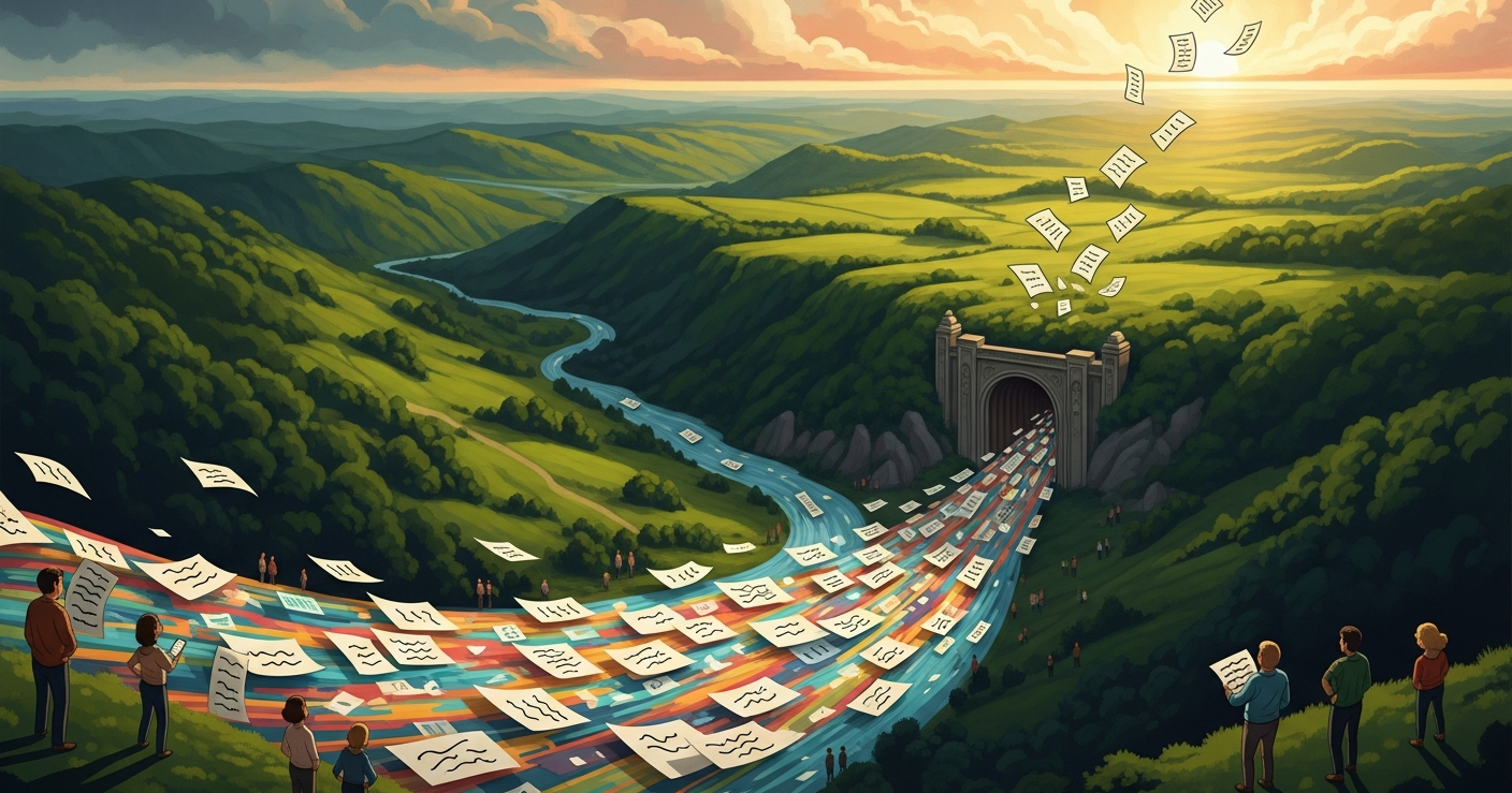 Illustration of resumes flowing like a river through a valley into a screening gateway, symbolizing how applicant tracking systems filter job applications