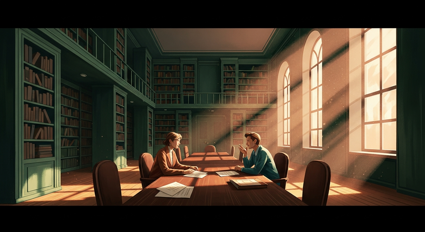 Two people seated across a wooden table in a sunlit library, mid-conversation, illustrating a thoughtful two-way job interview