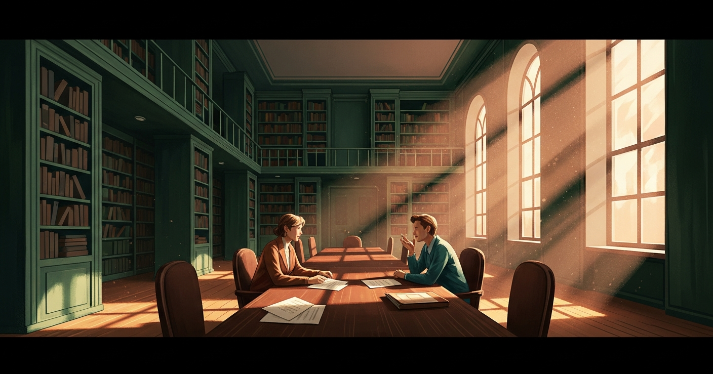 Two people seated across a wooden table in a sunlit library, mid-conversation, illustrating a thoughtful two-way job interview