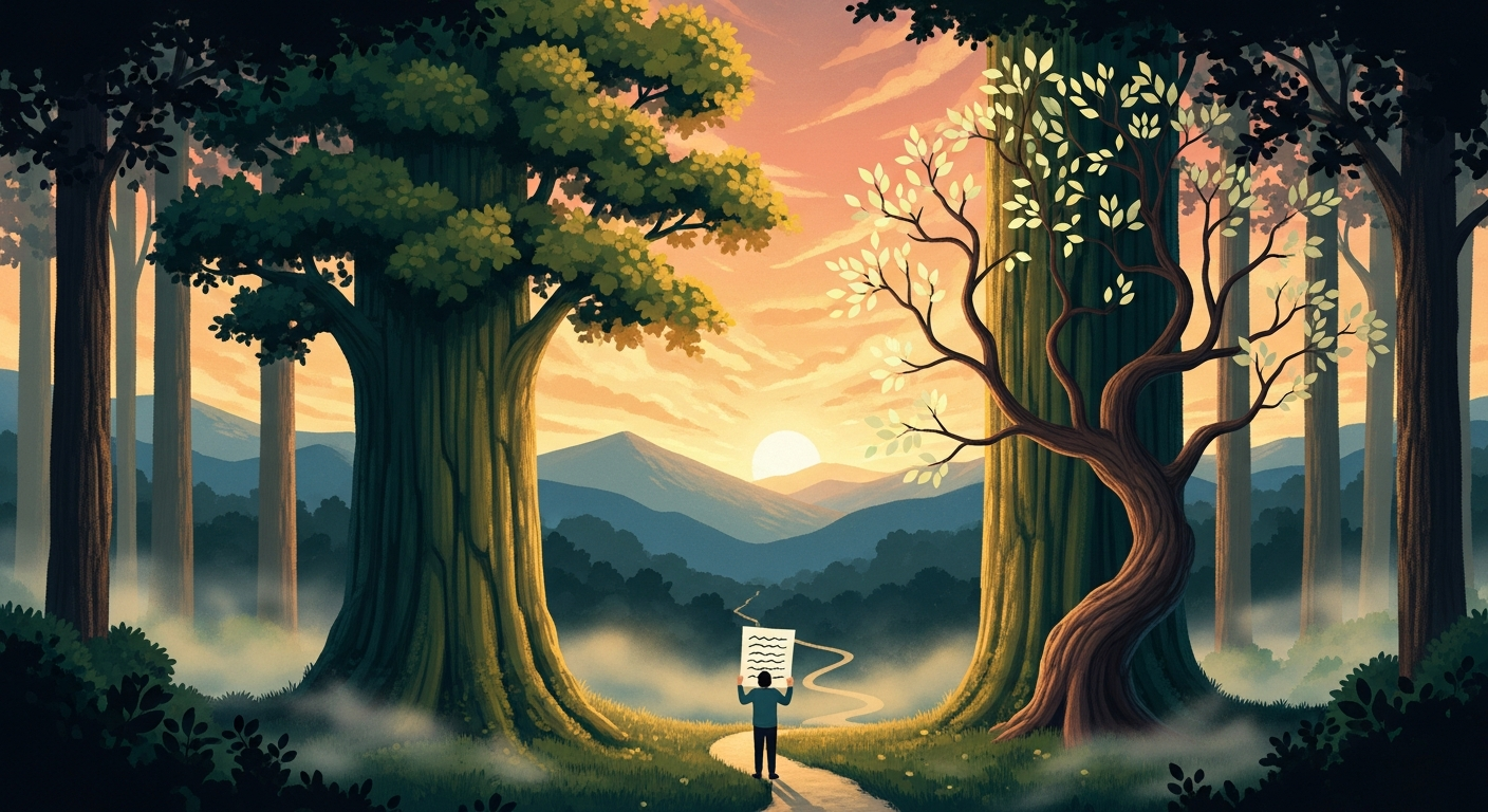 Painterly editorial illustration of a small figure between two large trees, one robust and the other a graceful sapling, on a winding golden path leading to a sunset horizon. Symbolizing strengths and weaknesses in a job interview.