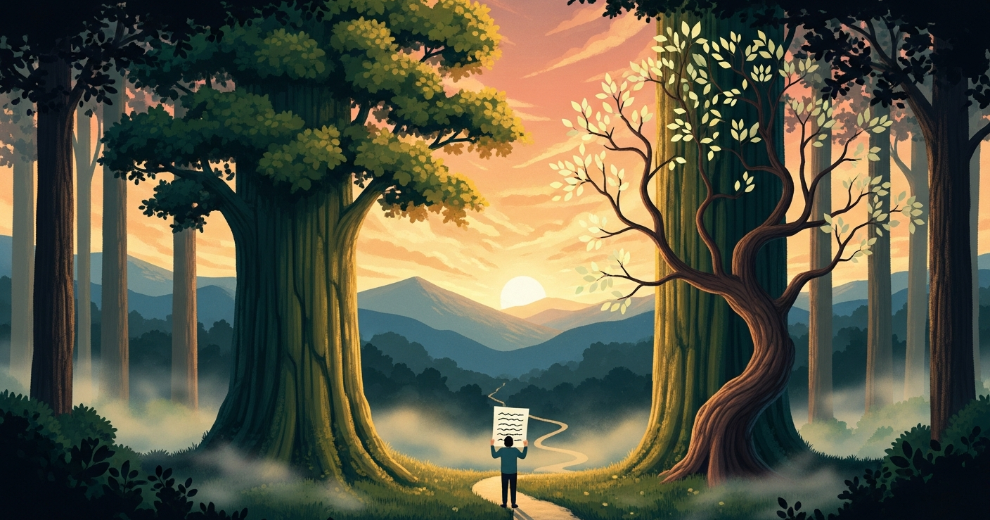 Painterly editorial illustration of a small figure between two large trees, one robust and the other a graceful sapling, on a winding golden path leading to a sunset horizon. Symbolizing strengths and weaknesses in a job interview.
