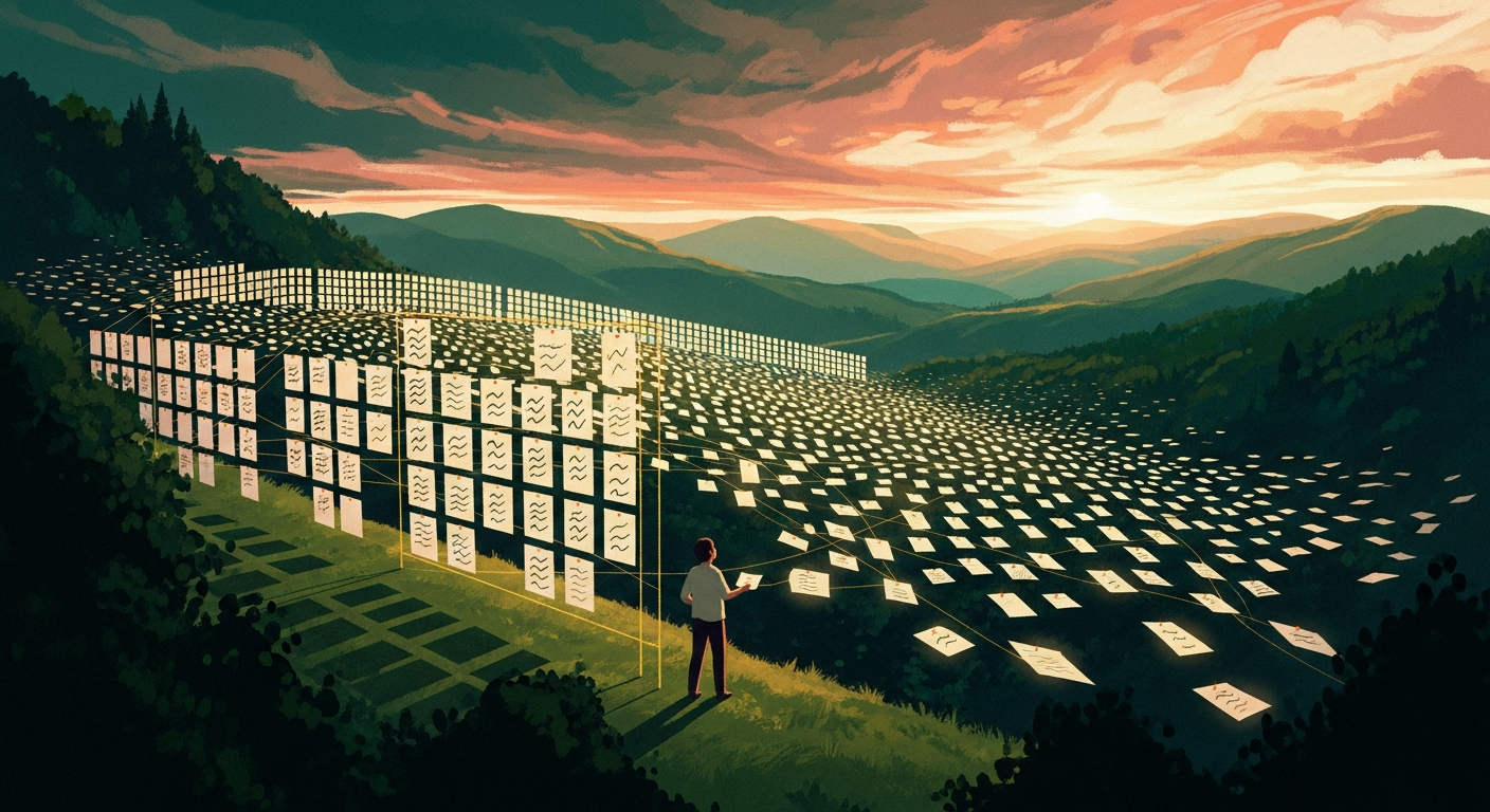A person organizing a glowing wall of job application cards arranged in pipeline columns across green hills at golden hour