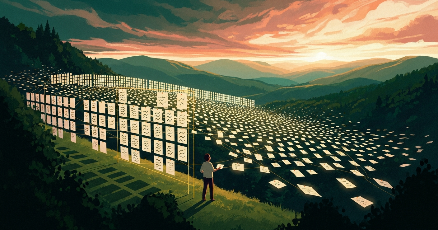 A person organizing a glowing wall of job application cards arranged in pipeline columns across green hills at golden hour