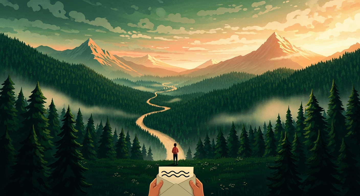 A small figure stands at the edge of a vast emerald forest at golden hour, contemplating two diverging paths winding through the trees toward distant mountain ranges, symbolizing the decision of evaluating a job offer.