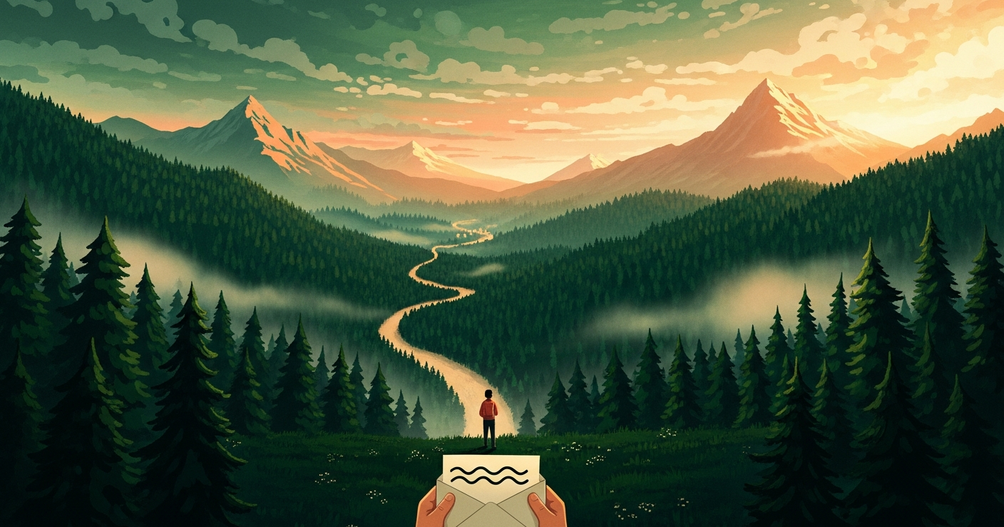 A small figure stands at the edge of a vast emerald forest at golden hour, contemplating two diverging paths winding through the trees toward distant mountain ranges, symbolizing the decision of evaluating a job offer.