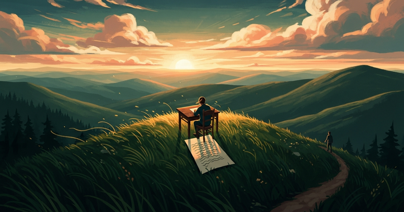 Editorial illustration of a person writing a cover letter at a hilltop desk overlooking a vast green landscape at golden hour, symbolizing the thoughtful, intentional work of crafting a job application.