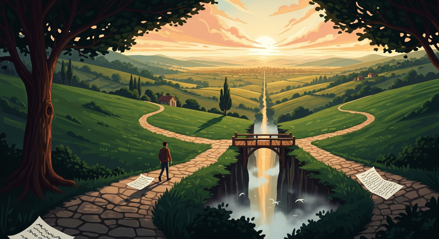 A painterly editorial illustration of a lone figure walking a winding stone path across rolling emerald hills at golden hour, crossing a small wooden bridge where the path briefly gaps, symbolizing an employment gap as a passage, not a dead end.