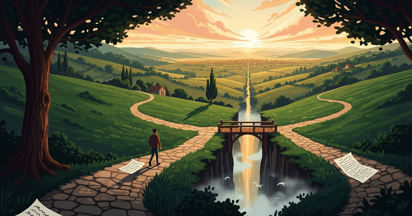 A painterly editorial illustration of a lone figure walking a winding stone path across rolling emerald hills at golden hour, crossing a small wooden bridge where the path briefly gaps, symbolizing an employment gap as a passage, not a dead end.