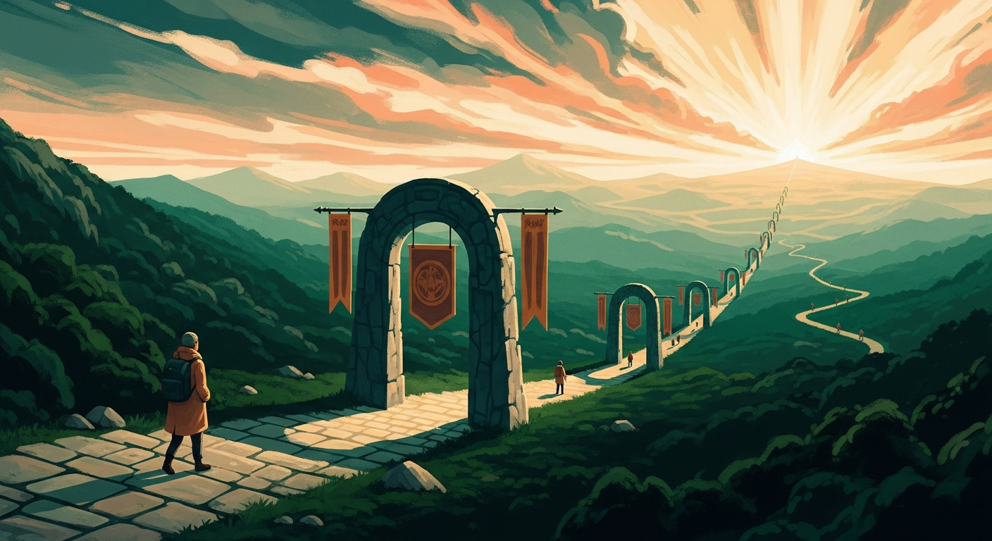 A traveler ascends a glowing stone pathway marked by milestone archways through a green valley toward a golden horizon, symbolizing career growth through certifications.