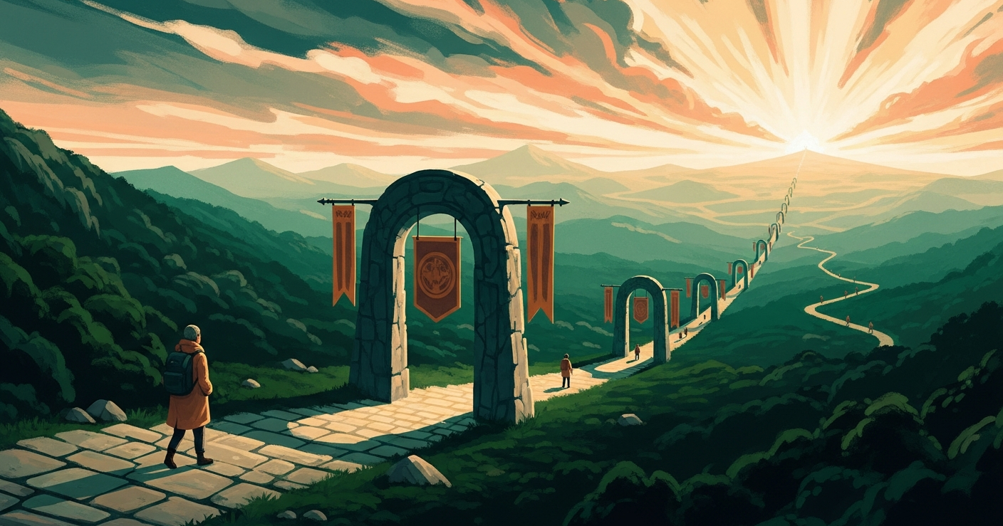 A traveler ascends a glowing stone pathway marked by milestone archways through a green valley toward a golden horizon, symbolizing career growth through certifications.