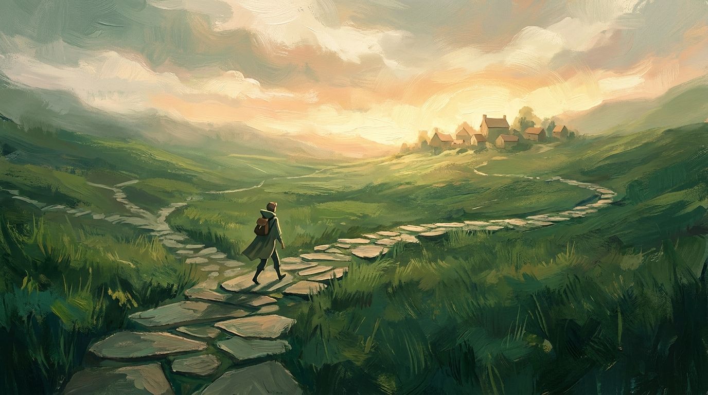 A traveler walks confidently across a valley made of uneven stepping stones toward a glowing hillside town, representing a career path built from several varied short roles rather than one straight line.
