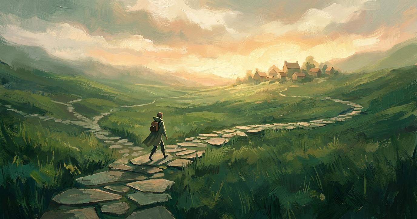 A traveler walks confidently across a valley made of uneven stepping stones toward a glowing hillside town, representing a career path built from several varied short roles rather than one straight line.