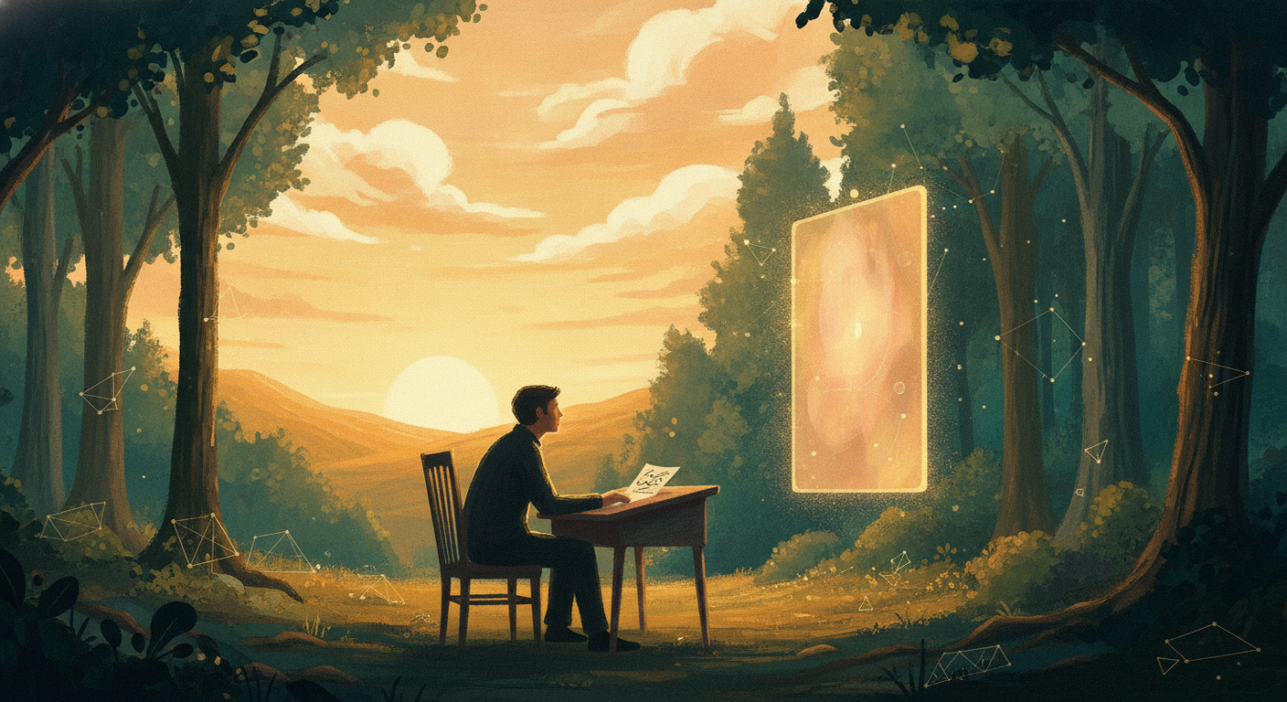 A person sits at a desk in a golden, forested landscape, leaning toward a glowing upright screen as if in conversation with it, symbolizing an AI-led job interview.