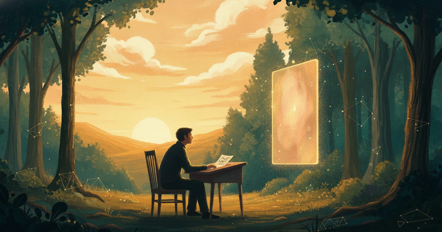 A person sits at a desk in a golden, forested landscape, leaning toward a glowing upright screen as if in conversation with it, symbolizing an AI-led job interview.