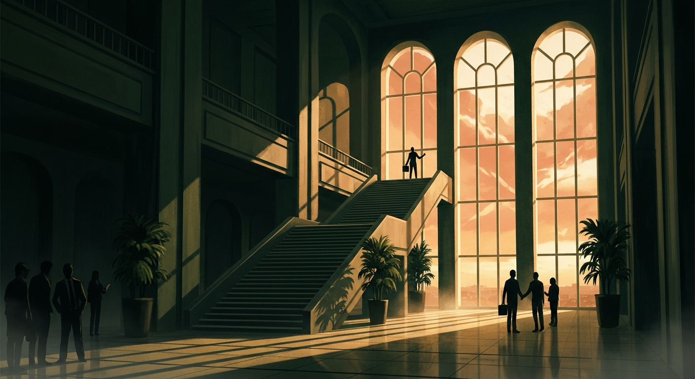 Editorial illustration of a candidate at the top of a grand staircase bathed in golden light, with other candidates lingering at the base, symbolizing the narrowing funnel of a final-round interview.