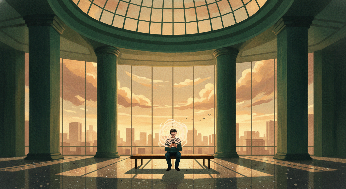 A lone figure sits on a bench checking their phone inside a vast, sunlit office atrium at golden hour, waiting in silence.