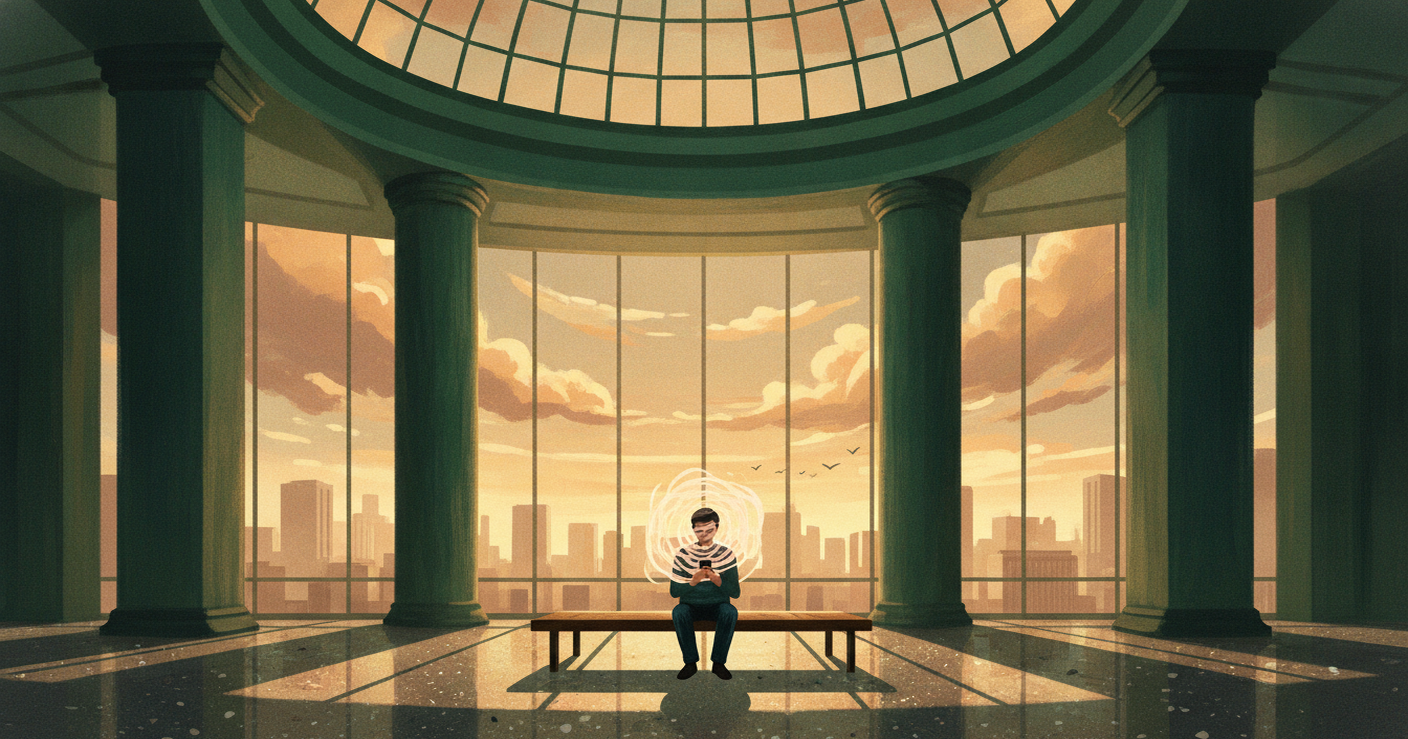 A lone figure sits on a bench checking their phone inside a vast, sunlit office atrium at golden hour, waiting in silence.