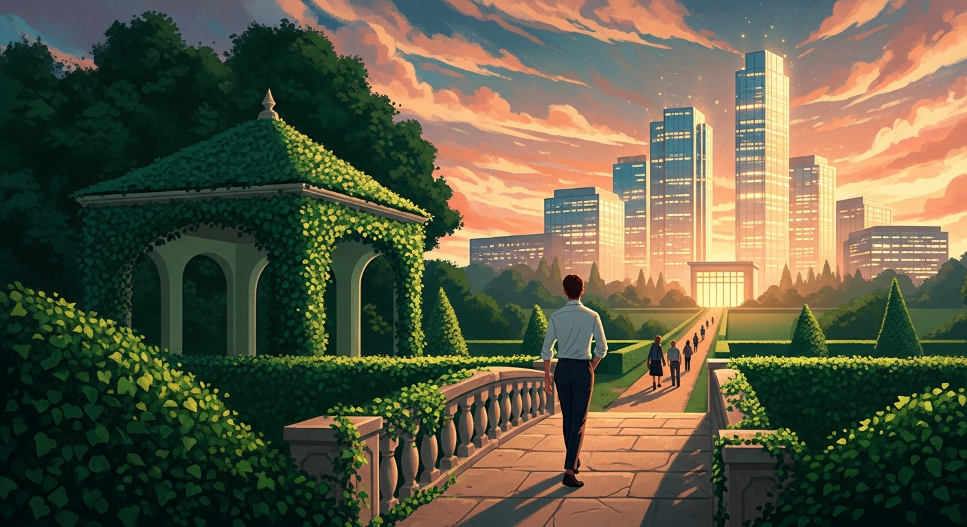 Illustration of a young professional walking across a garden bridge toward a glowing office skyline at golden hour, symbolizing the transition from internship to full-time job.