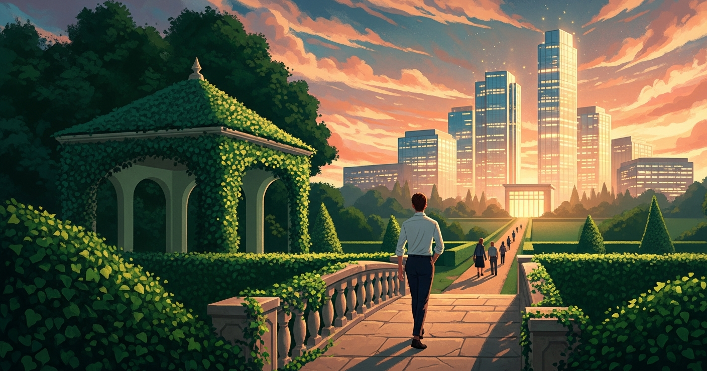 Illustration of a young professional walking across a garden bridge toward a glowing office skyline at golden hour, symbolizing the transition from internship to full-time job.