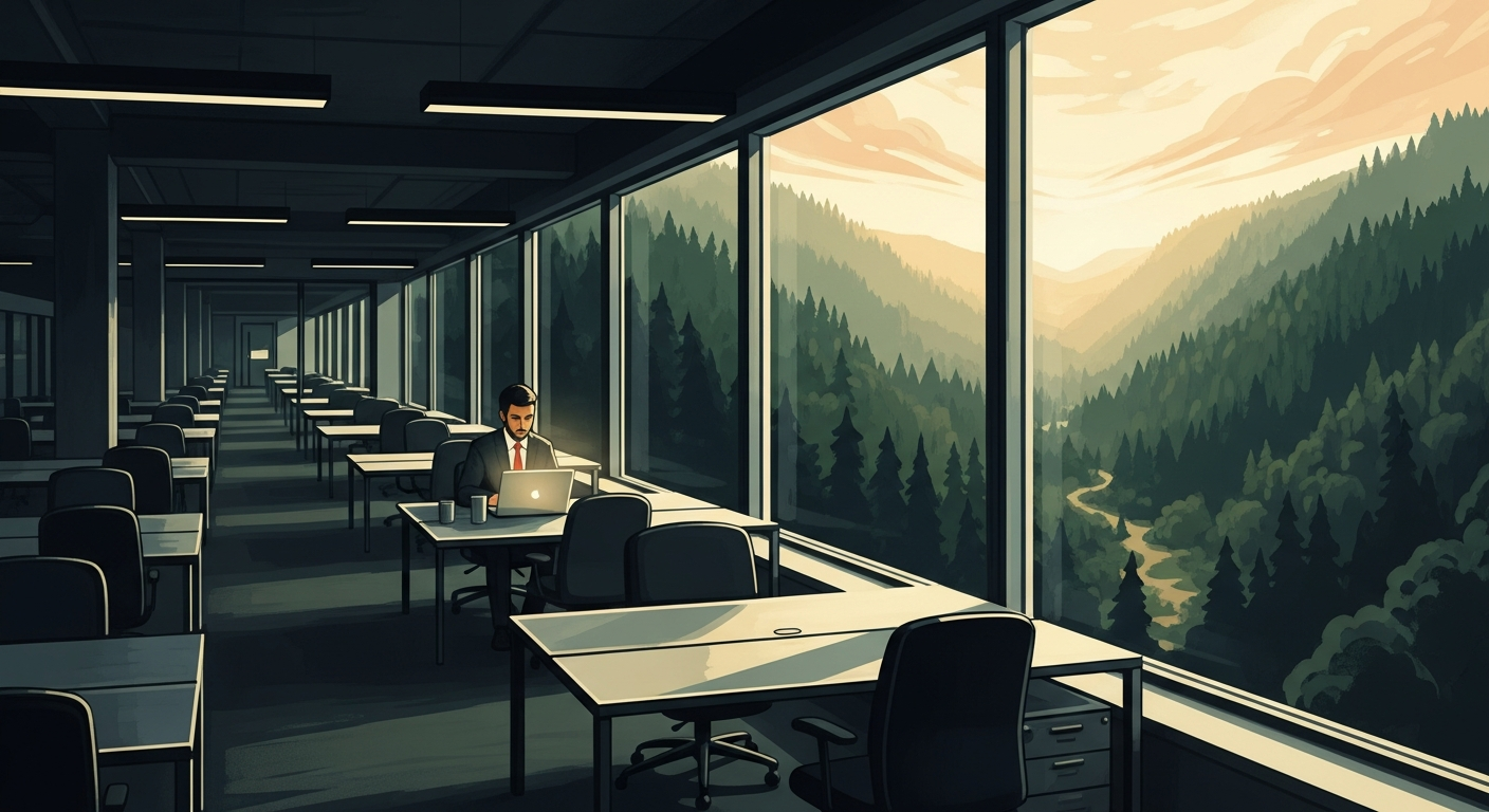 Distant view of a sunlit office at dawn with a lone professional working by a personal laptop while a lush green valley glows beyond floor-to-ceiling windows, evoking a quiet, deliberate job search while still employed.