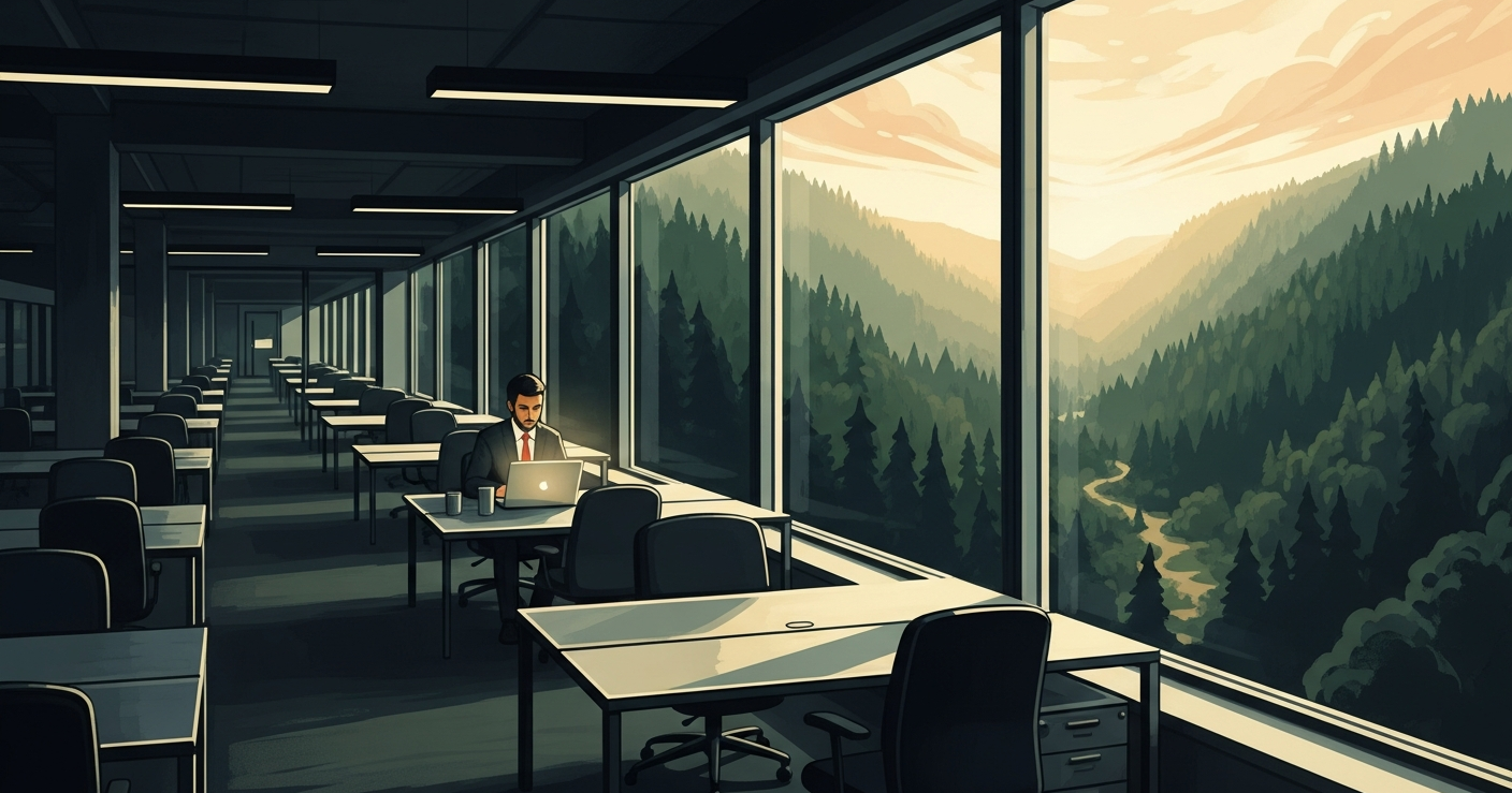 Distant view of a sunlit office at dawn with a lone professional working by a personal laptop while a lush green valley glows beyond floor-to-ceiling windows, evoking a quiet, deliberate job search while still employed.