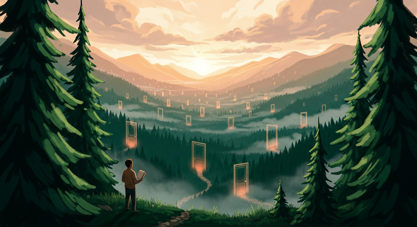 A small figure looks out over a misty forest valley filled with translucent ghostly door silhouettes glowing in golden hour light, illustrating the surreal experience of applying to phantom job listings