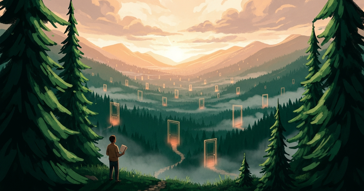 A small figure looks out over a misty forest valley filled with translucent ghostly door silhouettes glowing in golden hour light, illustrating the surreal experience of applying to phantom job listings