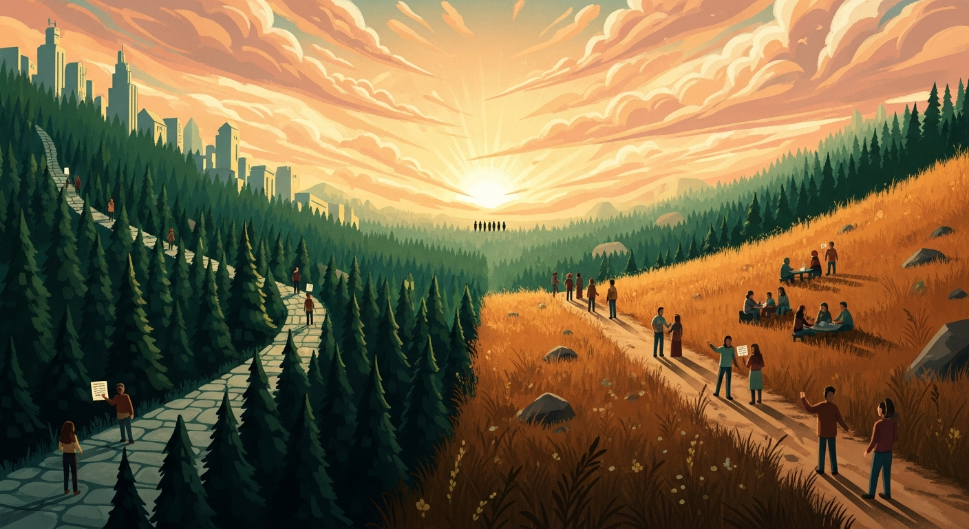 Painterly editorial illustration of a forest valley at golden hour with two converging paths, a structured stone path through ordered pines and a wild meadow trail of figures gathering, symbolizing the meeting of hard and soft skills.