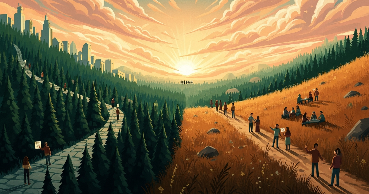Painterly editorial illustration of a forest valley at golden hour with two converging paths, a structured stone path through ordered pines and a wild meadow trail of figures gathering, symbolizing the meeting of hard and soft skills.