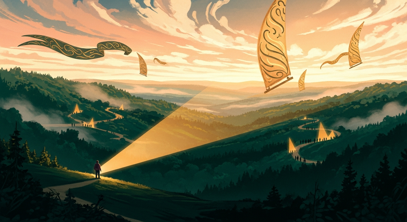 A painterly editorial illustration of a small distant figure standing at the edge of a vast emerald valley with a golden searchlight beam sweeping across the landscape, symbolizing being discovered through a strong LinkedIn headline.