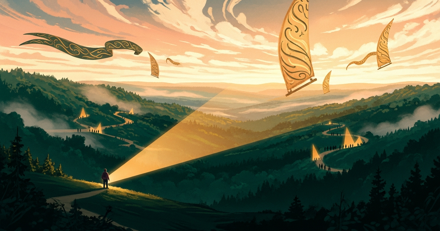 A painterly editorial illustration of a small distant figure standing at the edge of a vast emerald valley with a golden searchlight beam sweeping across the landscape, symbolizing being discovered through a strong LinkedIn headline.
