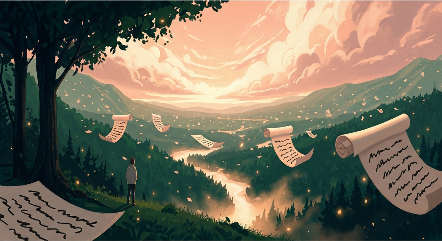 Painterly editorial illustration of a small distant figure standing at the edge of a forest clearing at golden hour, looking out over a sweeping emerald valley filled with floating scrolls of paper drifting like fireflies, evoking the careful work of choosing the right words for a resume.