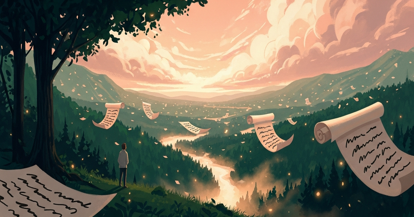 Painterly editorial illustration of a small distant figure standing at the edge of a forest clearing at golden hour, looking out over a sweeping emerald valley filled with floating scrolls of paper drifting like fireflies, evoking the careful work of choosing the right words for a resume.