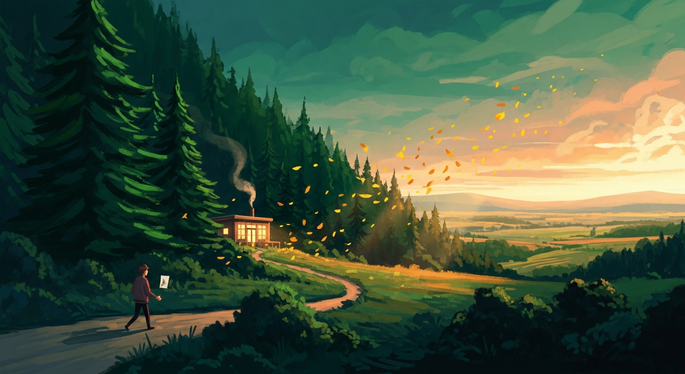 Painterly editorial illustration of a small figure walking along a forest path away from a glowing wooden cabin toward a sunlit golden valley, in deep emerald and amber tones, symbolizing leaving a job on good terms.