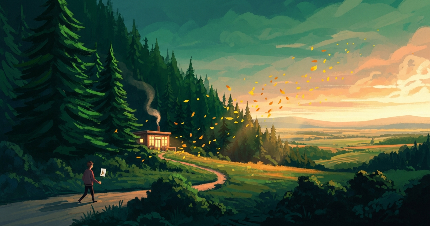 Painterly editorial illustration of a small figure walking along a forest path away from a glowing wooden cabin toward a sunlit golden valley, in deep emerald and amber tones, symbolizing leaving a job on good terms.