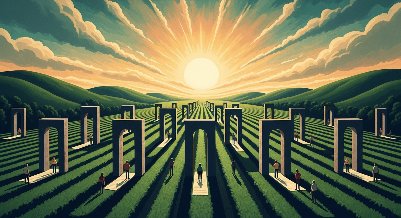 Rows of identical stone gateways across a uniform monoculture field at sunset, with small figures standing at each gate, illustrating algorithmic monoculture in AI hiring