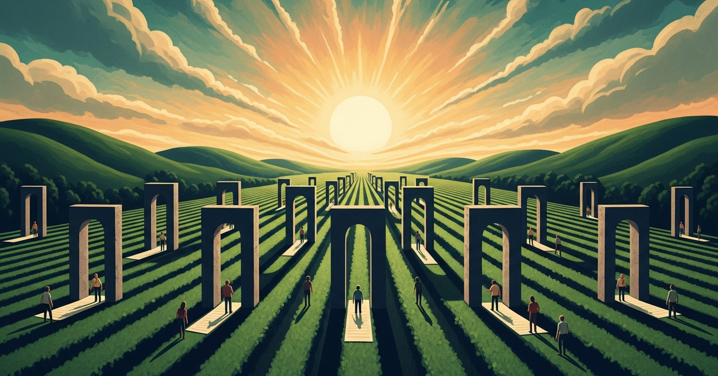 Rows of identical stone gateways across a uniform monoculture field at sunset, with small figures standing at each gate, illustrating algorithmic monoculture in AI hiring