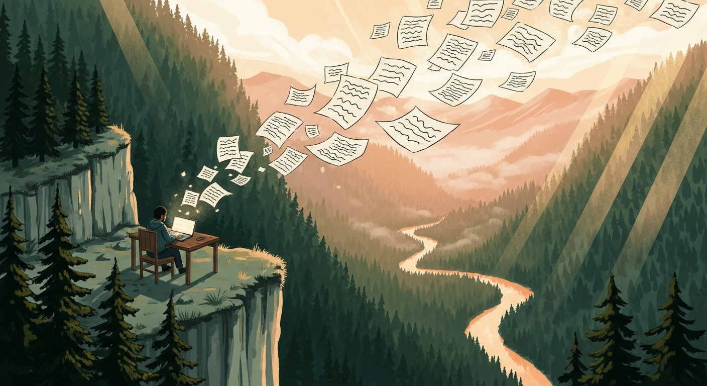 Painterly illustration of a solitary writer on a forested clifftop terrace at golden hour, with translucent papers rising like ideas over an emerald valley, representing collaboration between a human and AI to craft a resume.