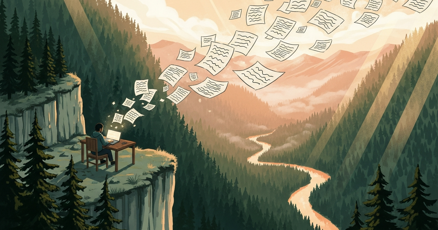 Painterly illustration of a solitary writer on a forested clifftop terrace at golden hour, with translucent papers rising like ideas over an emerald valley, representing collaboration between a human and AI to craft a resume.
