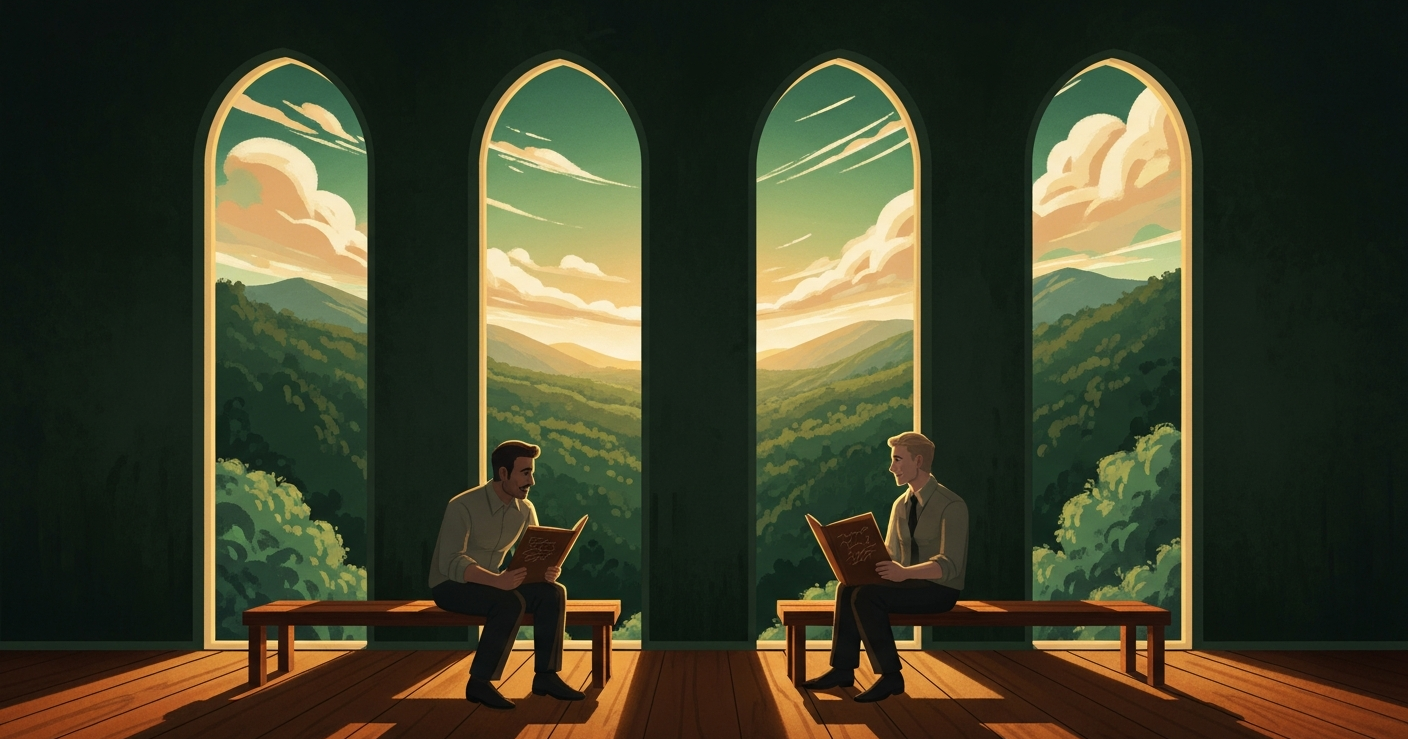 A wide painterly editorial illustration of two adult figures sitting calmly across from each other in a sunlit interview room, with an emerald golden-hour valley visible through tall arched windows, evoking calm and preparation.