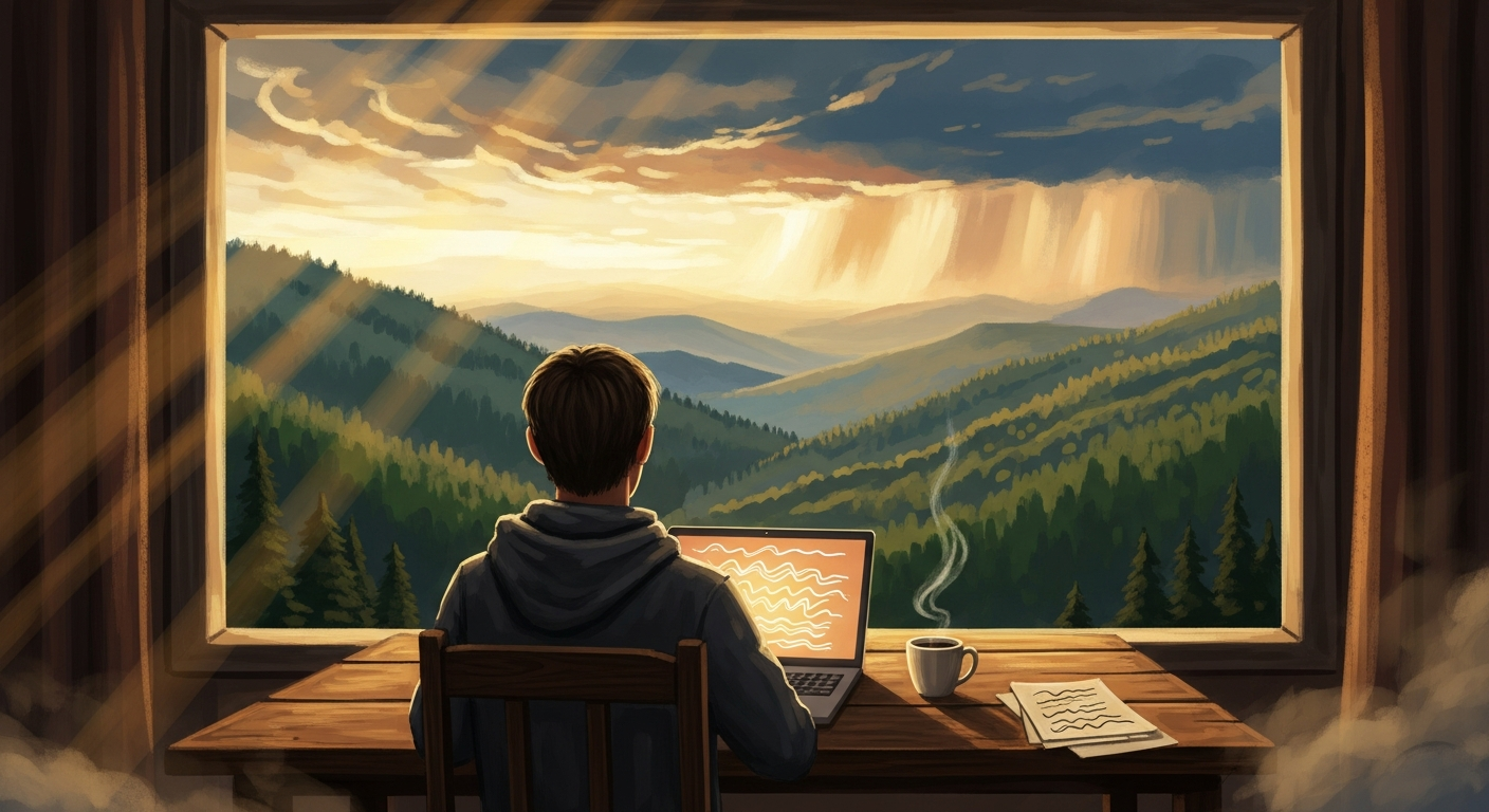 Editorial illustration of a person at a desk by a sunlit window, composing a follow-up email after a job interview, with a golden hour landscape outside.