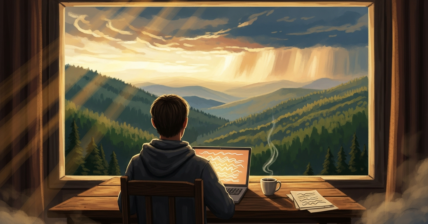 Editorial illustration of a person at a desk by a sunlit window, composing a follow-up email after a job interview, with a golden hour landscape outside.