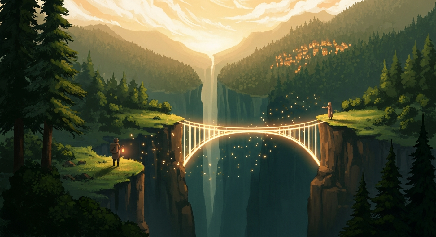 Illustration of a glowing bridge connecting a lone traveler to a warmly lit village across a forest valley, symbolizing a job referral