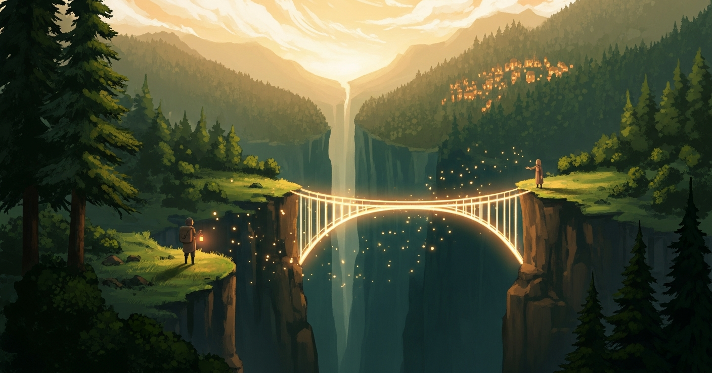 Illustration of a glowing bridge connecting a lone traveler to a warmly lit village across a forest valley, symbolizing a job referral