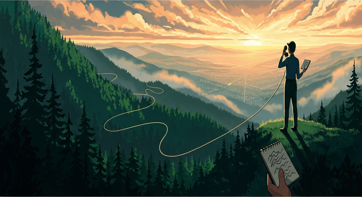 Editorial illustration of a candidate standing on a forest ridge at golden hour, holding a phone receiver with a long cord winding down to a distant valley, with a notebook resting in the foreground. The scene represents calm, prepared phone interview readiness.