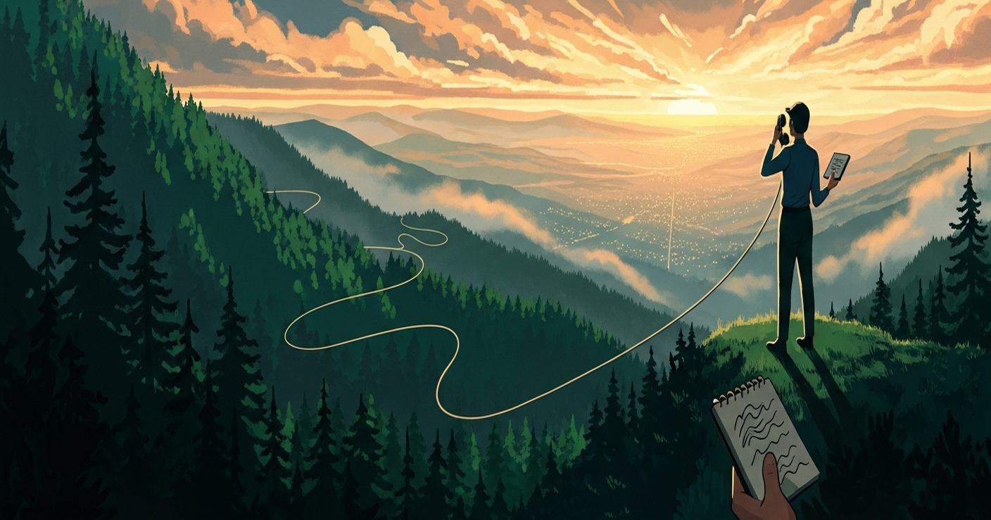 Editorial illustration of a candidate standing on a forest ridge at golden hour, holding a phone receiver with a long cord winding down to a distant valley, with a notebook resting in the foreground. The scene represents calm, prepared phone interview readiness.