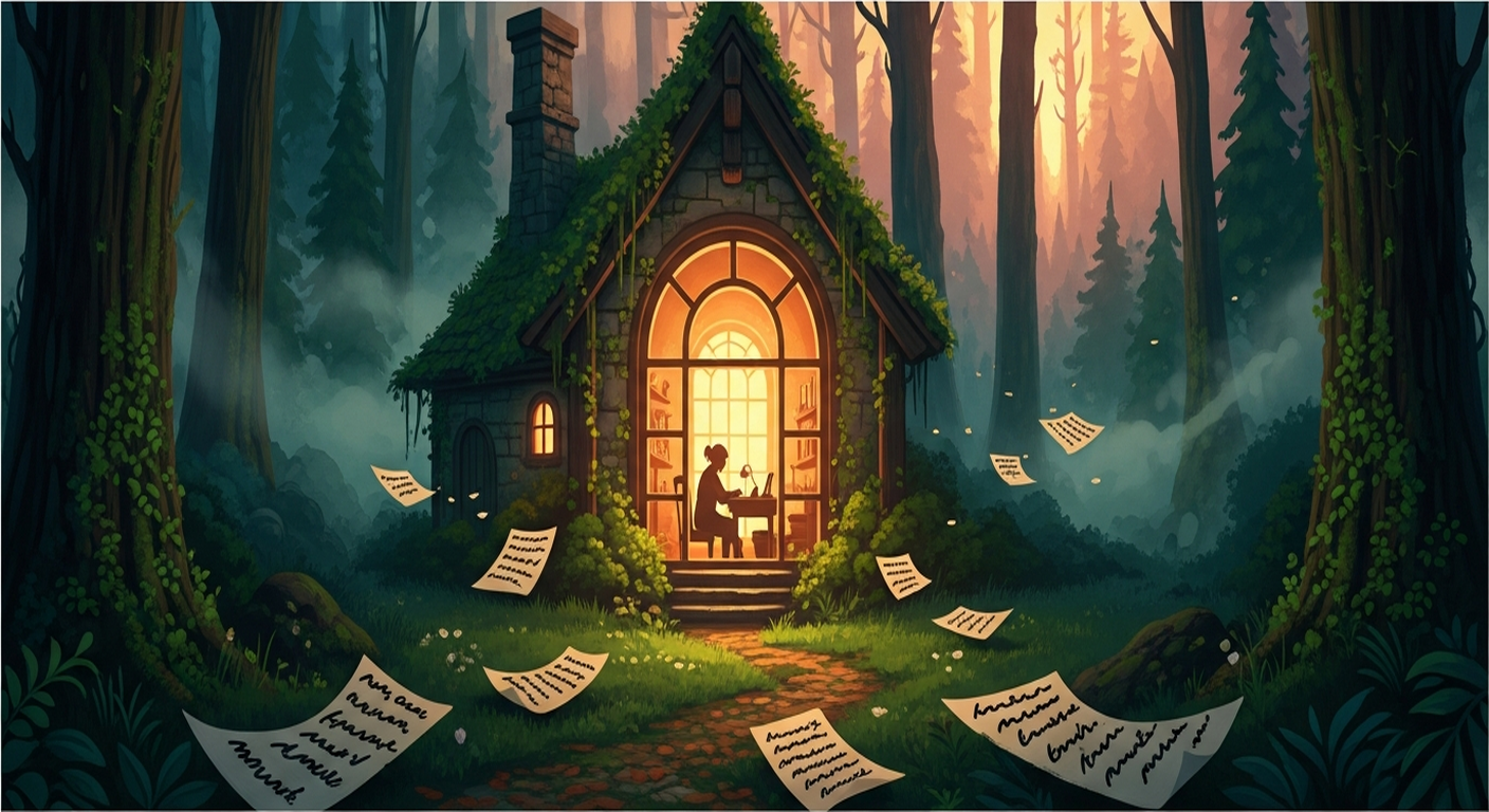 Person writing a cover letter at a desk by a window in a forest at golden hour, surrounded by papers and envelopes