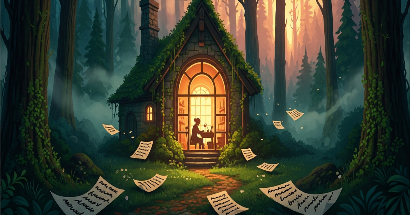 Person writing a cover letter at a desk by a window in a forest at golden hour, surrounded by papers and envelopes