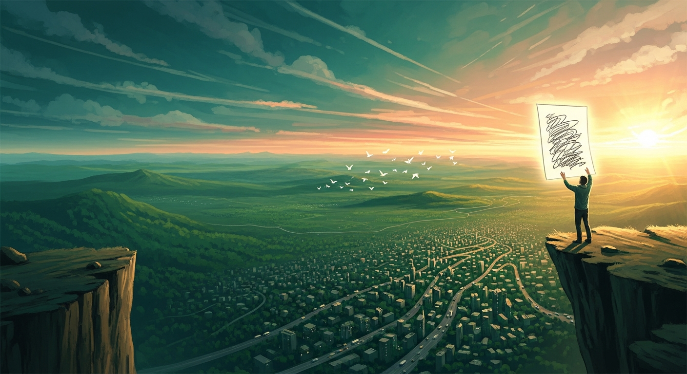 Person standing on a cliff edge holding up a single page against the sunlight, overlooking a vast cityscape below, symbolizing how a resume summary captures an entire career story